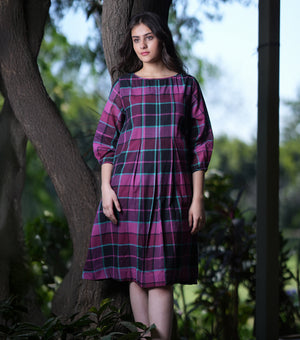 Cotton Woven Plaid Pleated Dress