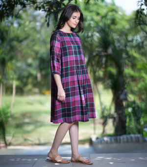 Cotton Woven Plaid Pleated Dress
