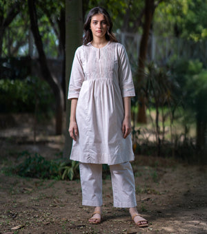 Natural Woven Cotton Pintucked Kurta