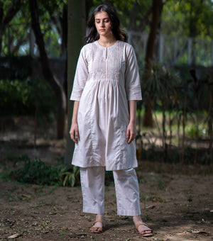 Natural Woven Cotton Pintucked Kurta