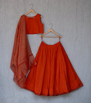 Bright Orange Chanderi Blouse, Lehenga Skirt & Tissue Dupatta Set