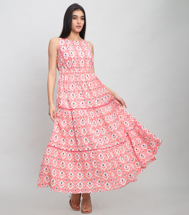 Pink Cotton Printed Maxi with Lace Detail