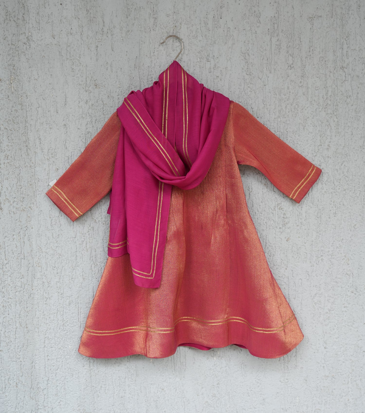 Coral Pleated Tissue A-line Gota Kurta Set with Pants & Dupatta for Girls