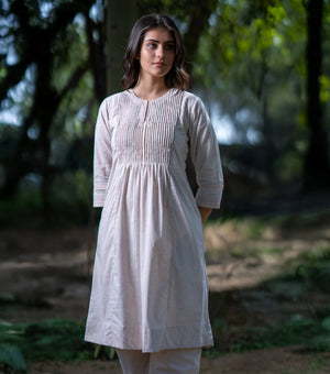 Natural Woven Cotton Pintucked Kurta