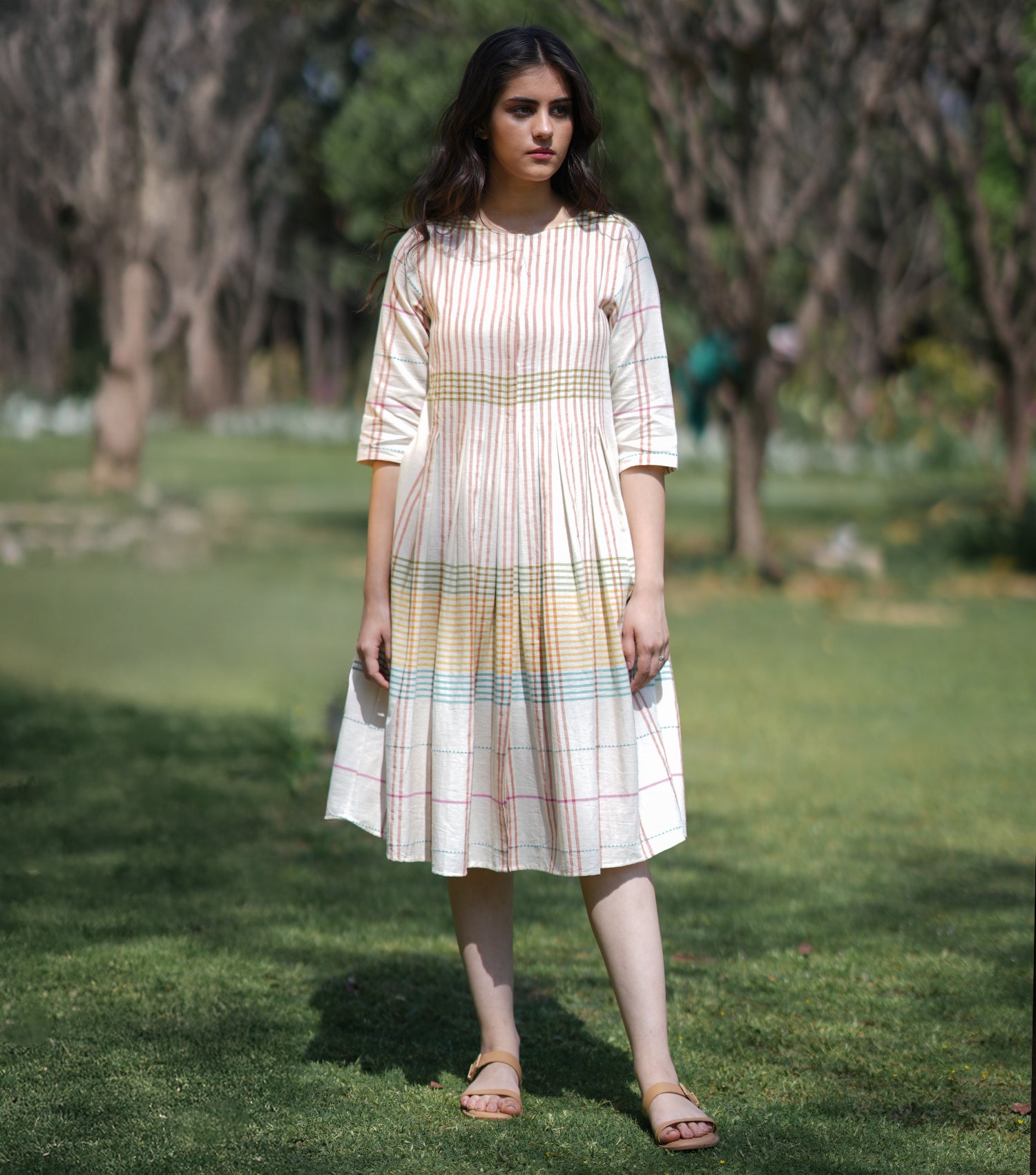 Cotton Woven Multicolor Pleated Dress