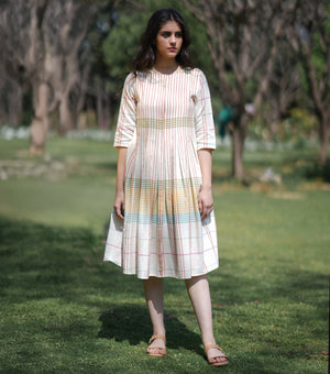 Cotton Woven Multicolor Pleated Dress