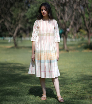 Cotton Woven Multicolor Pleated Dress