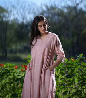Pink and Gold Woven Cotton A-line Dress
