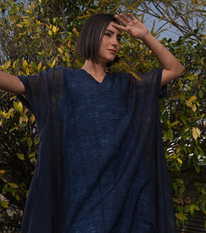 Blue Oversized Overlay Sheer Dress with Printed Slip