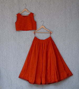 Bright Orange Chanderi Blouse, Lehenga Skirt & Tissue Dupatta Set