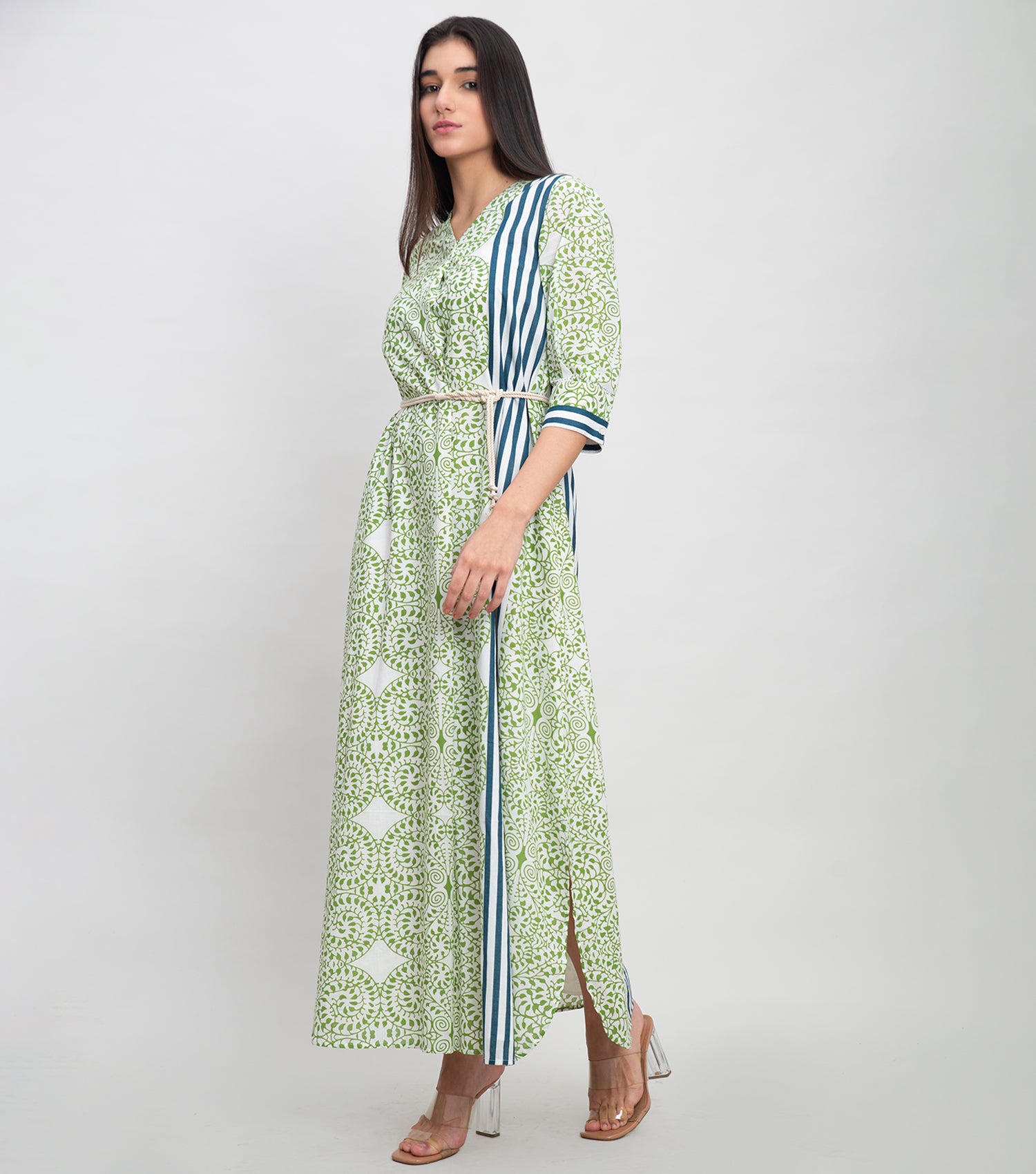 Green Cotton Printed Maxi Dress with Handmade Belt