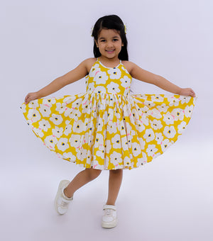 Mustard Summer Fall Printed Dress For Girls