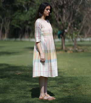 Cotton Woven Multicolor Pleated Dress