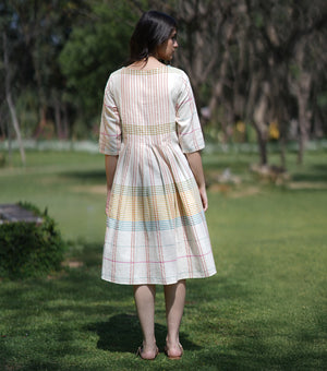 Cotton Woven Multicolor Pleated Dress