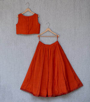 Bright Orange Chanderi Blouse, Lehenga Skirt & Tissue Dupatta Set