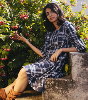 Blue Chequered Cotton Dress