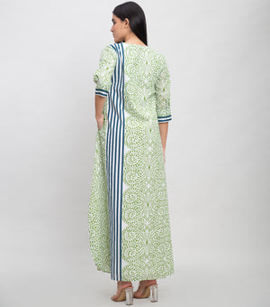 Green Cotton Printed Maxi Dress with Handmade Belt