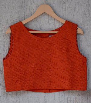 Bright Orange Chanderi Blouse, Lehenga Skirt & Tissue Dupatta Set