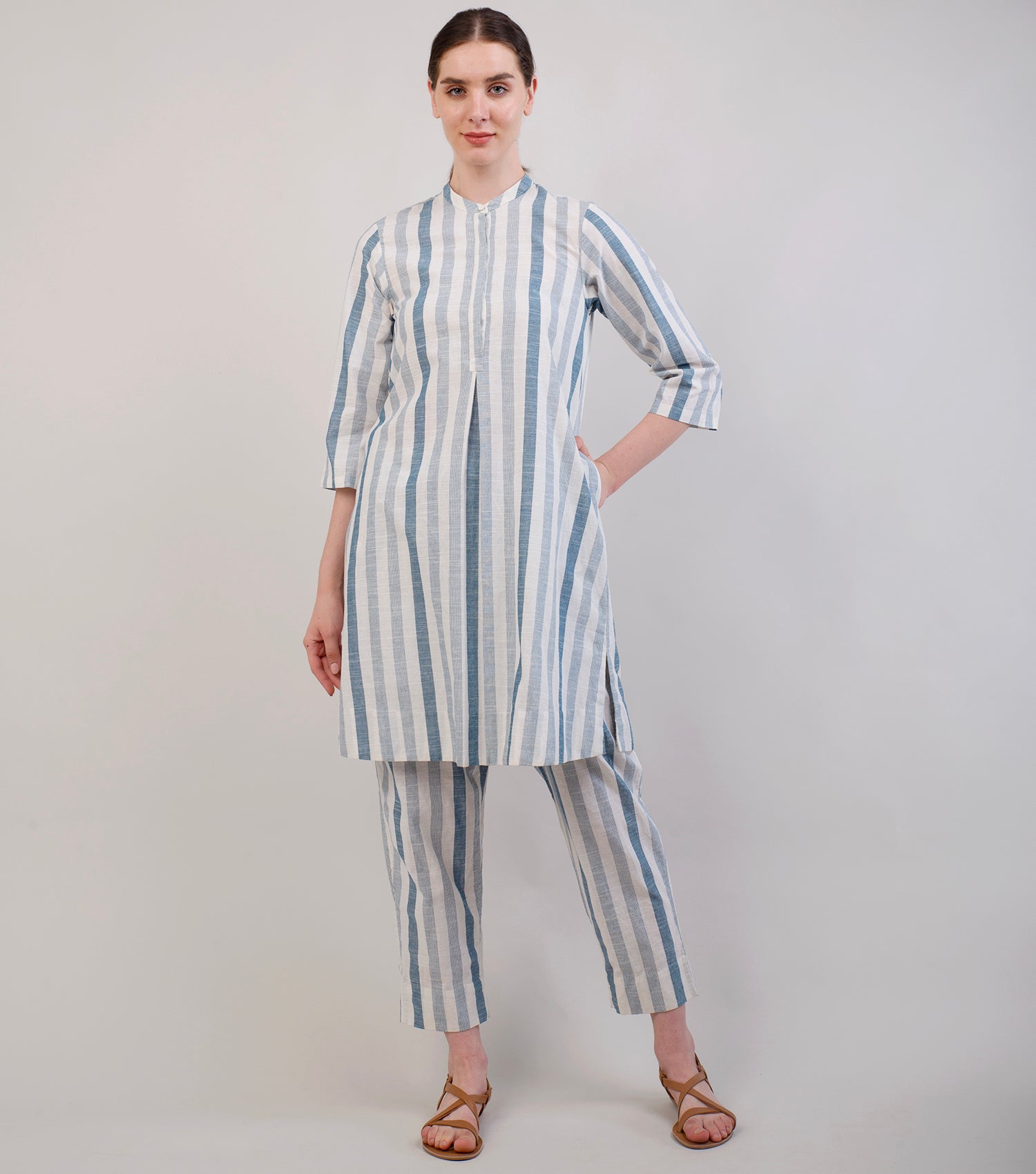 Ivory & Blue Striped Woven Cotton Co-ord Set