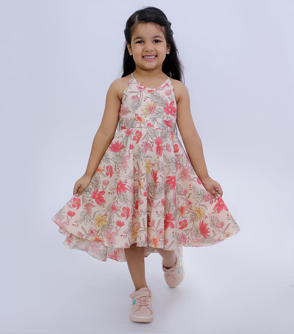 Peach Floral Summer Fall Printed Dress for Girls