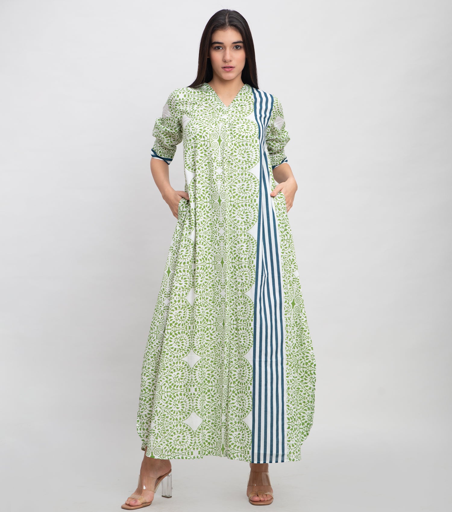 Green Cotton Printed Maxi Dress with Handmade Belt