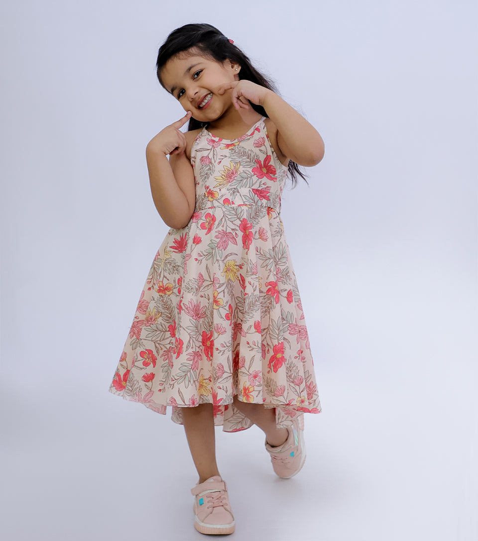 Peach Floral Summer Fall Printed Dress for Girls