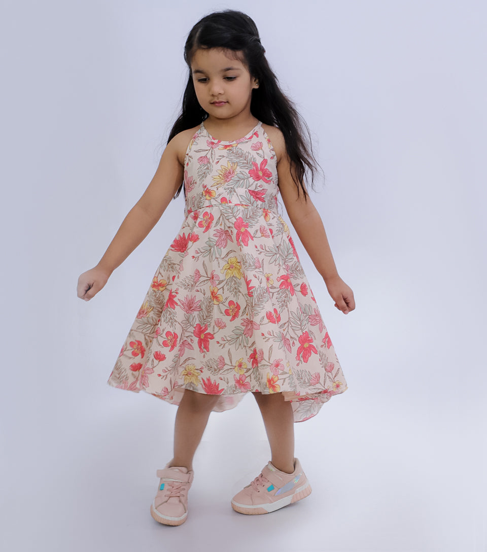 Peach Floral Summer Fall Printed Dress for Girls