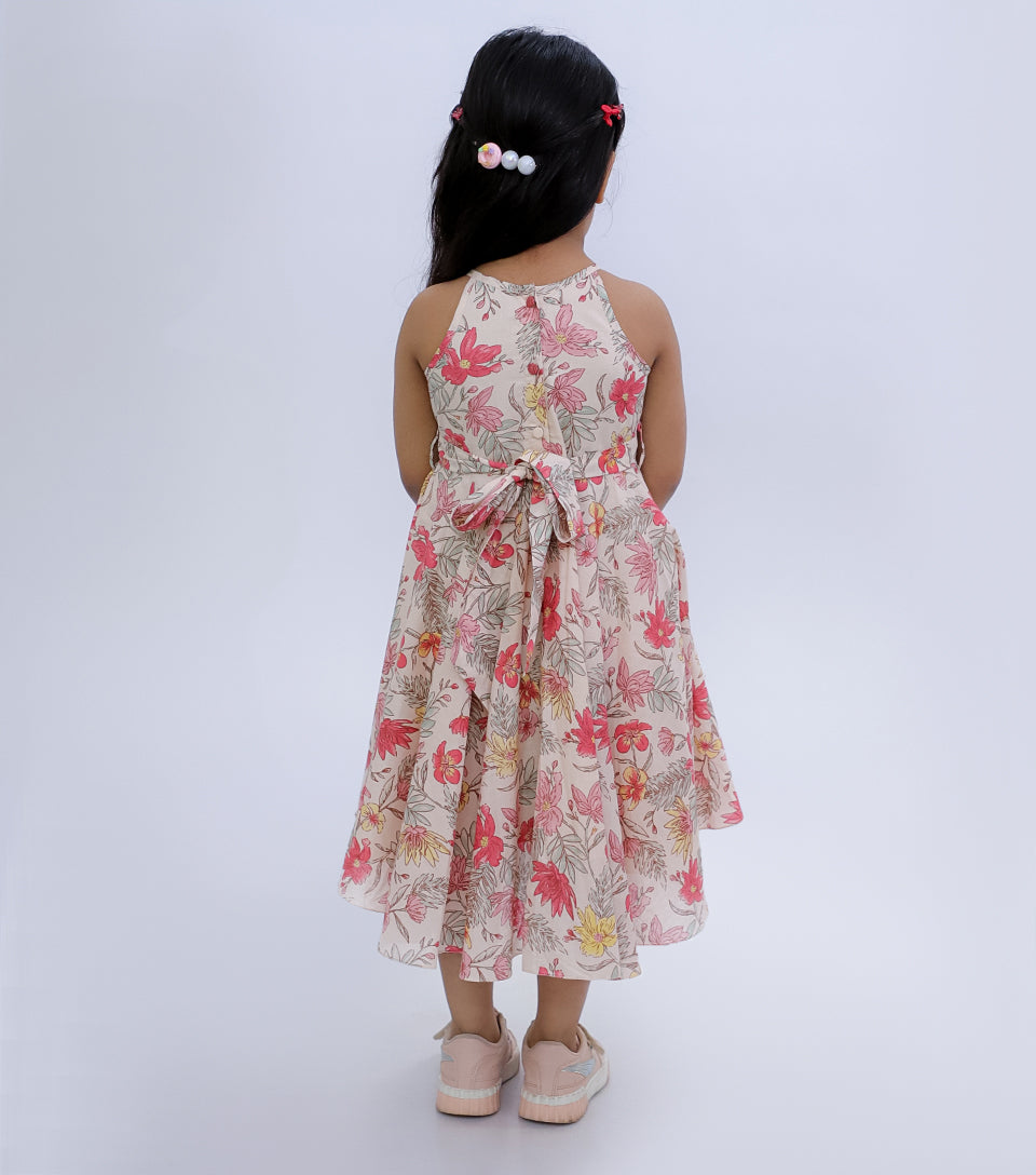 Peach Floral Summer Fall Printed Dress for Girls