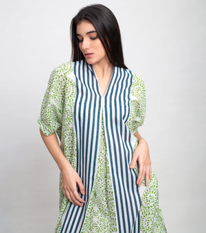 Green Cotton Box Pleat Printed Kaftan