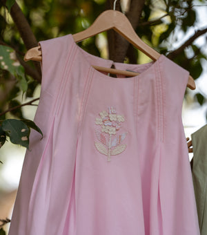 Pink Floral Embroidered A-Line Dress For Girls
