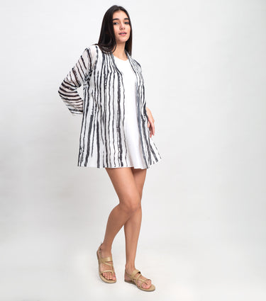 Black White Cotton Printed Coverup With Neck Detailing