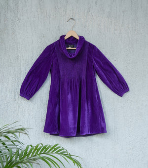 Purple Velvet Cowl Neck Pleated Winter Dress