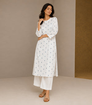 White Printed Cotton Kurta