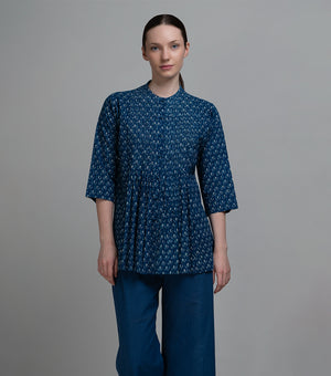 Indigo Pintuck Printed Top