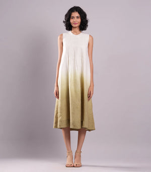 White & Beige Ombre Cotton Linen Pintuck Dress