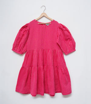 Magenta Woven Cotton Dress For Girls