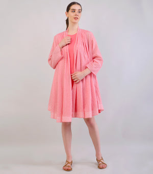 Pink Striped Woven Cotton Overlay & Dress
