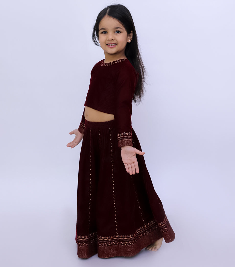 Maroon Zari Embroidered Lehenga Set with Blouse & Dupatta for Girls