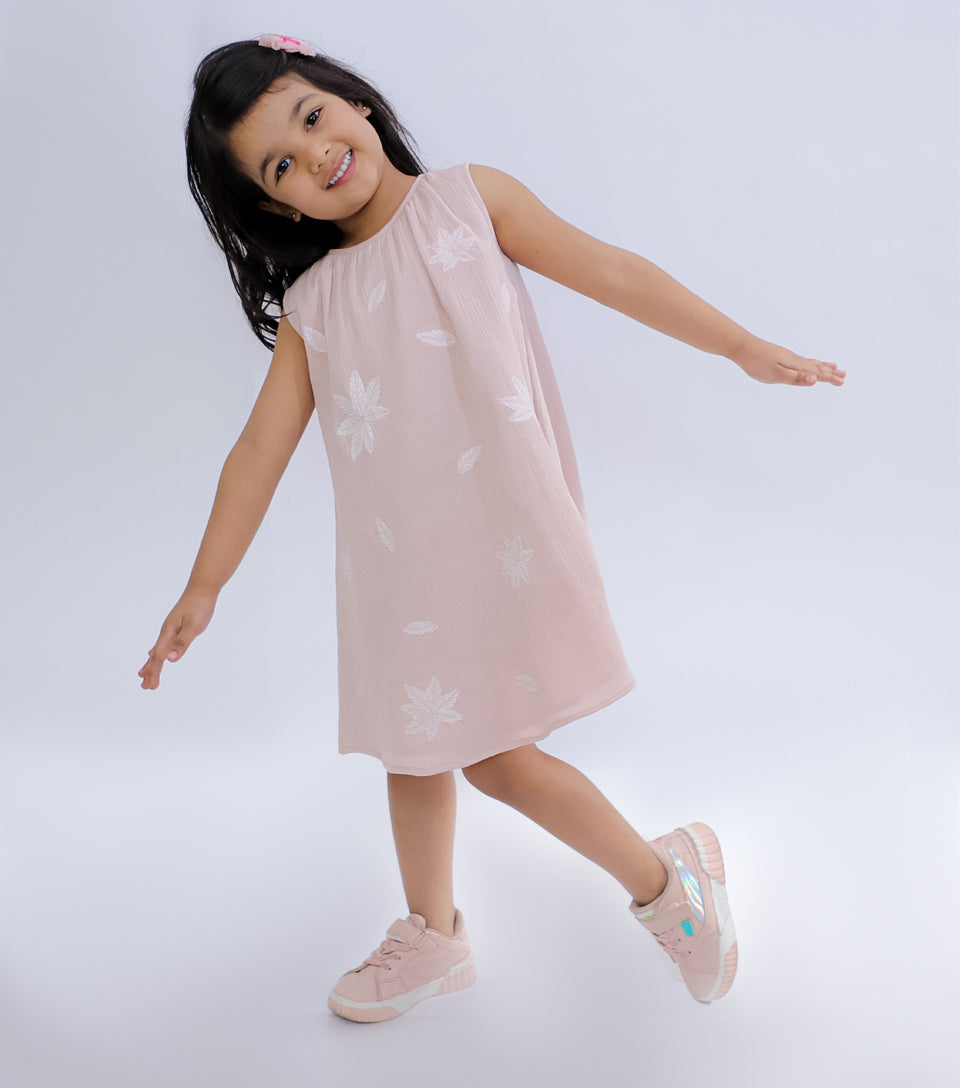 Pale Pink Patch Embroidered Sleeveless Dress for Girls