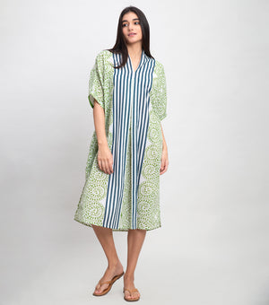 Green Cotton Box Pleat Printed Kaftan