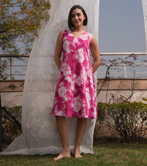 Pink Oversized Overlay Sheer Dress with Printed Slip