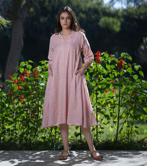 Pink and Gold Woven Cotton A-line Dress