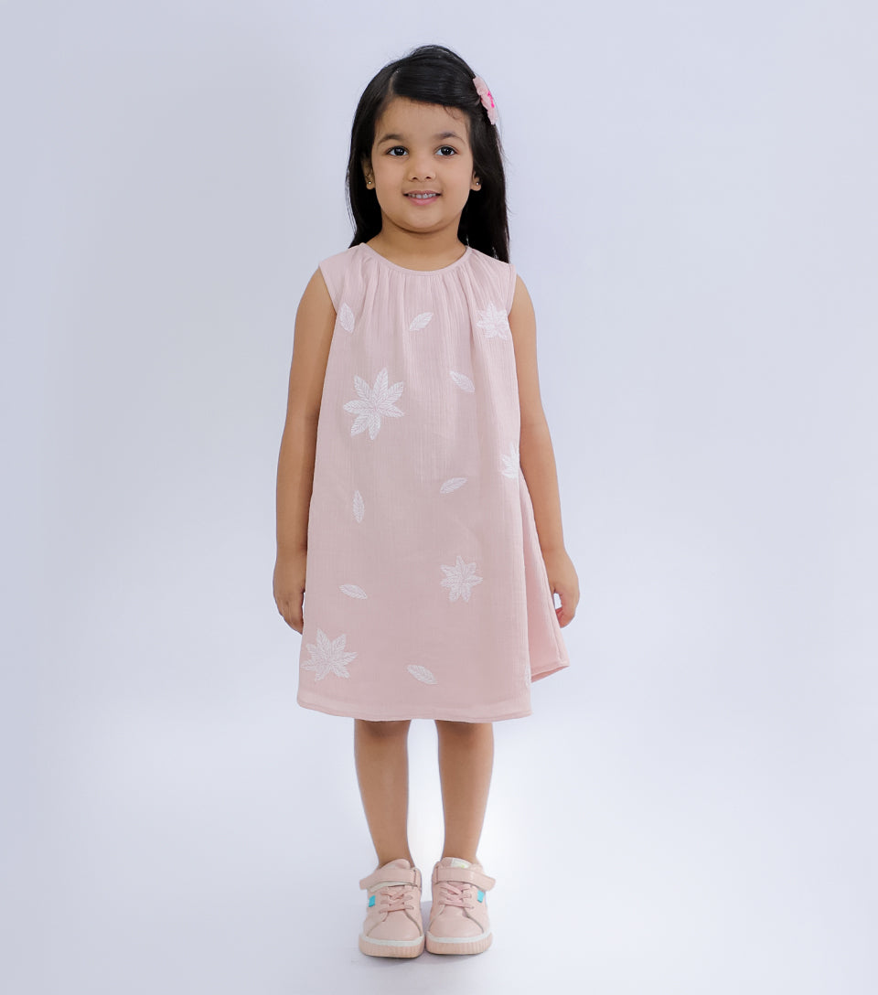 Pale Pink Patch Embroidered Sleeveless Dress for Girls