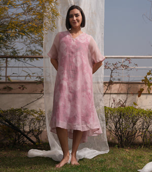Pink Oversized Overlay Sheer Dress with Printed Slip