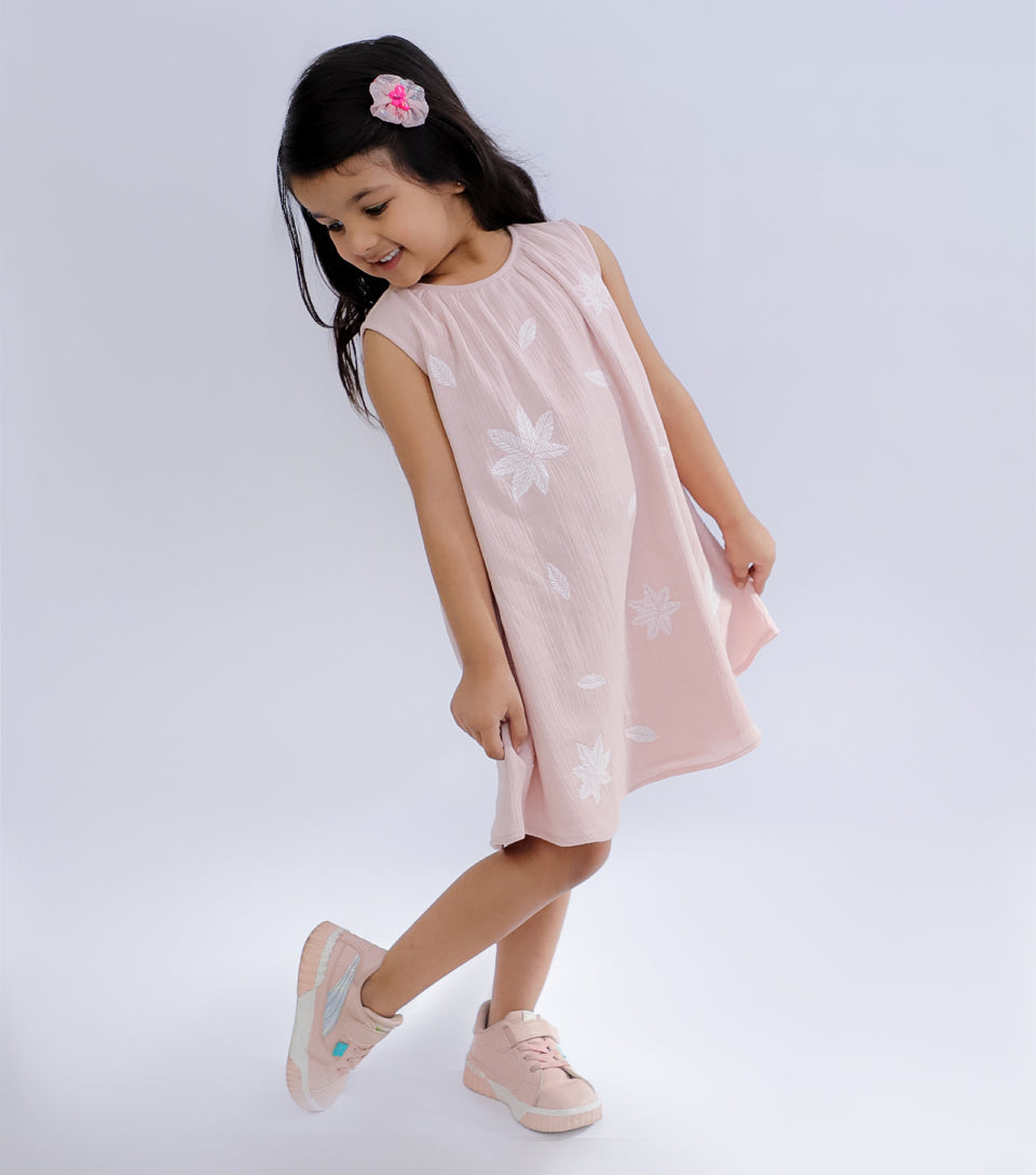 Pale Pink Patch Embroidered Sleeveless Dress for Girls