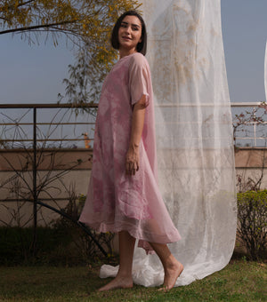 Pink Oversized Overlay Sheer Dress with Printed Slip