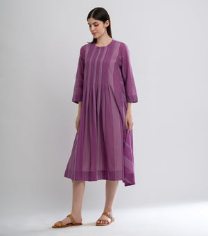 Purple Woven Cotton Striped Dress