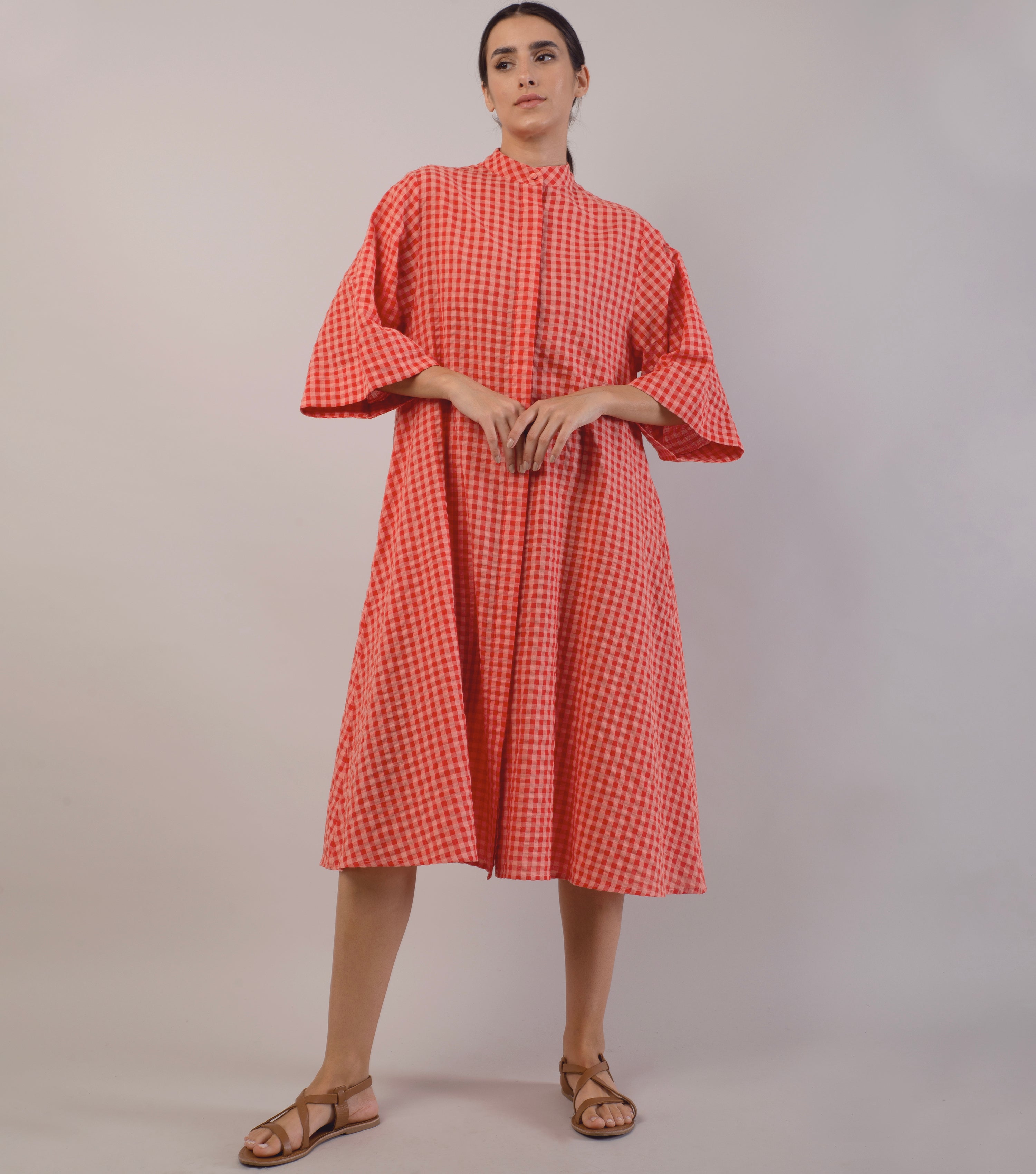 Red Checked Cotton Shirt Dress