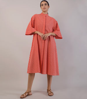 Red Chequered Cotton Shirt Dress