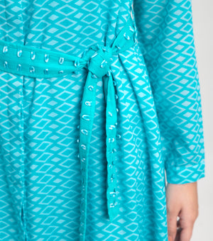 Aqua Blue Cotton Printed Shirt Dress with Belt & Lace Detailing